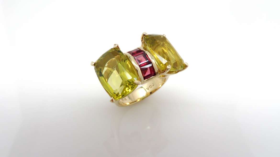 Bague or jaune 10k sertis de lemon quartz et rubelites