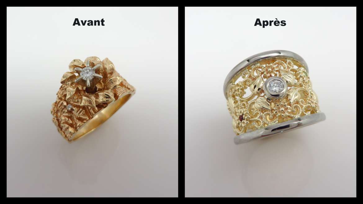 avant-après d&rsquo;un jonc large 10 k jaune et blanc sertis de diamants, grenat et péridot